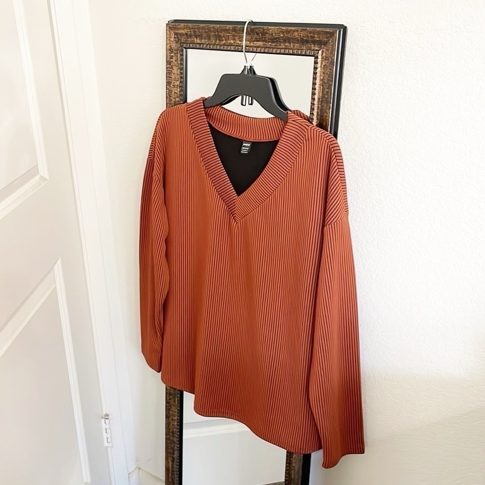 SHEIN orange striped long sleeve v-neck top